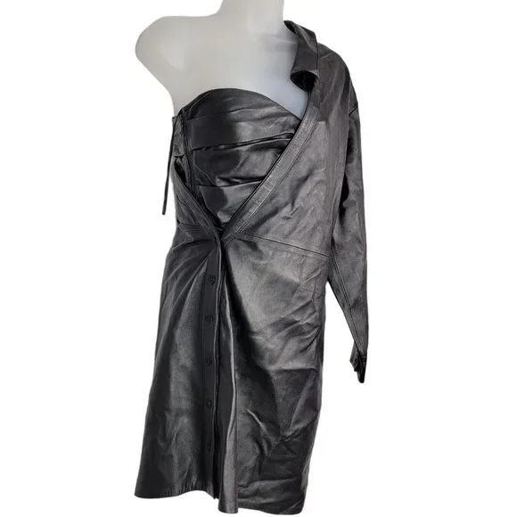 RtA Lana Black Lambskin Leather One Shoulder Deconstructed Couture Dress  Size 4 - www.greenwatershopping.com